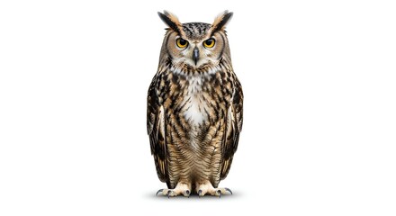 Obraz premium Brown owl standing on white background looking forward carefully