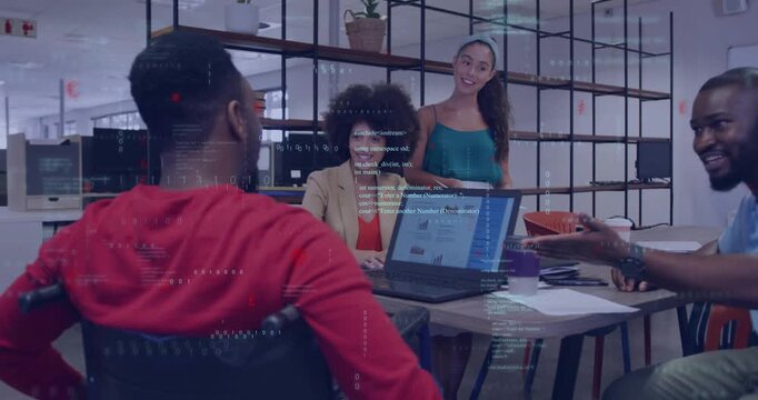 Man in red speaking and leading tech review, woman typing activating laptop overlays, team smiling