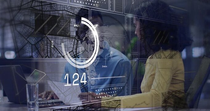 Team reviewing report while laptop sending HUD showing metrics, meters rising then winding down