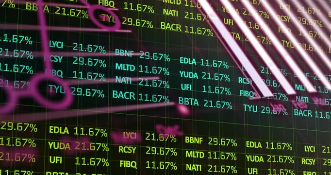 Finance grid updating camera panning revealing rate shifts, pink notes, white stripe breaking oval