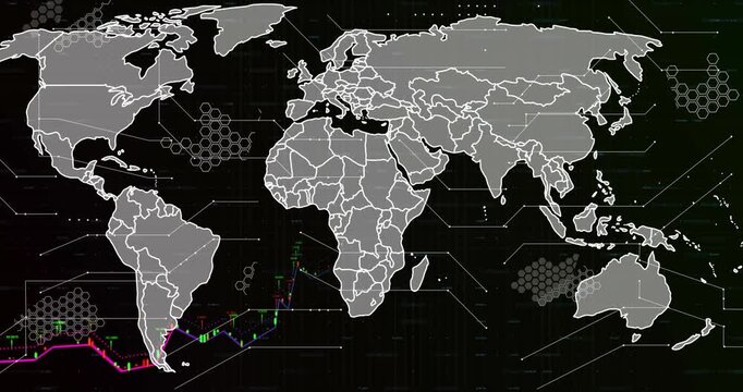 Map outline drawing starting borders and hex clusters, candlestick chart climbing for finance