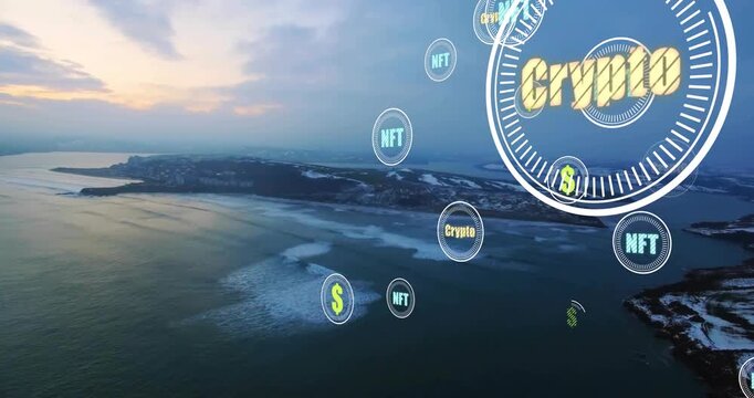 Vertical video: Emerging from right crypto tokens drifting over islands at dusk, obscuring ice