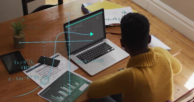 Vertical video: Seeing overlays, woman in yellow top studying laptop and charts at home, copy space