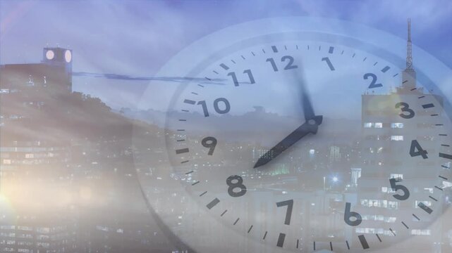 Vertical video: Turning overlay clock face with black hands tracking dawn with moon over misty city