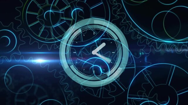 Vertical video: Central clock forming ring, rotating hands, pulsing streaks showing gears for tech