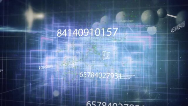 Vertical video: Camera moving forward causing 3D cube cluster pulsing, cycling numeric strings data