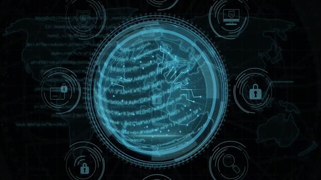 Cyber globe reacting to scan band forming rotating HUD rings routing data to lock securing network
