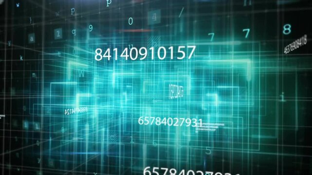 Camera shifting forward rotating teal wire cube pulsing planes stacking numbers scaling data tunnel