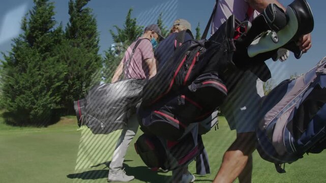 Camera pulling back revealing four golfers walking fairway with bags, trolley, HUD marking yardage
