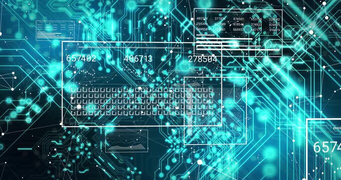 HUD panel with key grid updating counters as incoming data stream driving particle flows, tech