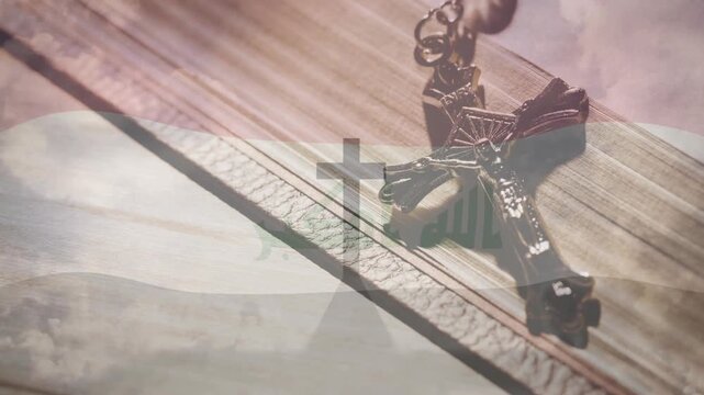 Vertical video: Frames starting crucifix resting on book, clouds drifting cross aligning for prayer