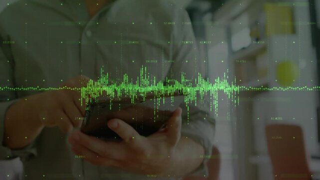 Vertical video: Man tapping tablet for audio, waveform growing green per touch while face appearing