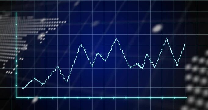 Animated analytics dashboard receiving data feed, animating cyan waveform across dotted map
