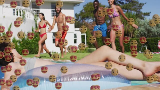 Woman on clear float smiling in pool as group running, launching, heart emojis covering for social