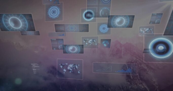 Receiving activation, data HUD assembling panels above misty ridge, with world map and chart tiles