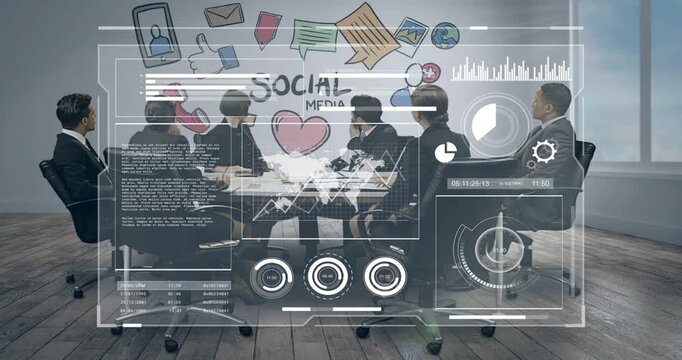 Vertical video: Team leaning in as HUD appearing, animating chart icons for social media analytics