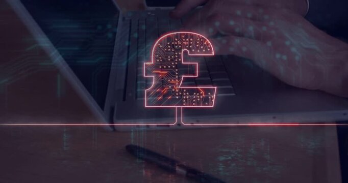 Neon pound symbol appearing over laptop, hands typing, circuitry pulsing, showing digital payments
