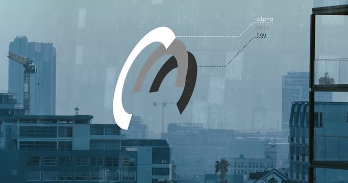 Branding logo revealing arcs emerging, rotating, sliding over skyline, tagging alpha and tau