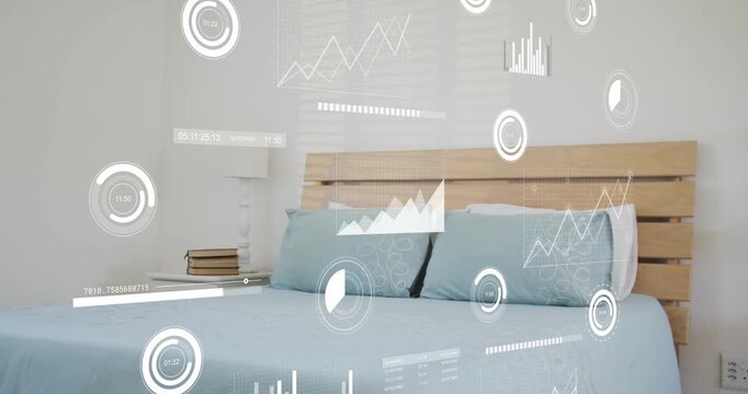 Bed remaining static on start, HUD charts and dials drifting in front, visualizing sleep analytics