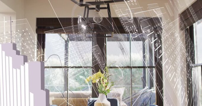 Vertical video: Vase with yellow blooms on table overlay rising bars growing showing space for tech