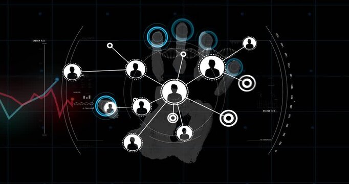Vertical video: Handprint appearing on grid, linking user nodes and syncing chart for auth network