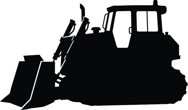 Black silhouette of heavy construction bulldozer loader with front bucket on transparent background