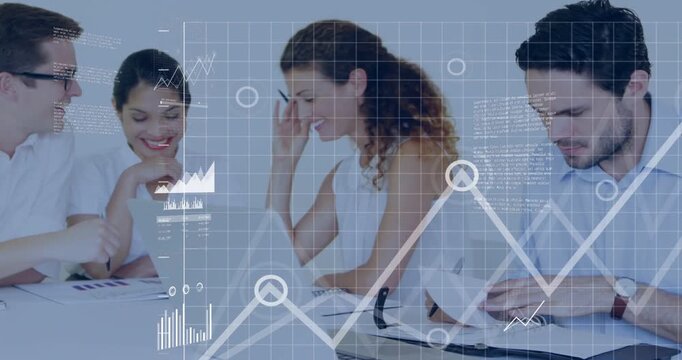 Vertical video: Left male pointing, team reviewing, finance charts and map overlaying for planning