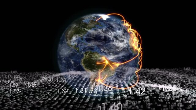 Vertical video: Glowing nodes lighting globe tracing orange arcs over numeric grid, mapping data