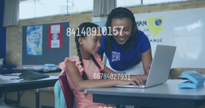 Vertical video: Teacher leaning guiding pupil typing laptop in class, data overlay showing gains