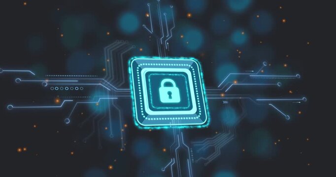 Glowing chip rotating to center after subtle motion in security, pulsing padlock, securing network