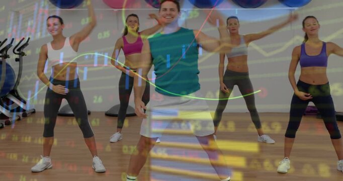 Instructor cueing lateral bends for fitness, class mirroring while finance charts overlaying scene