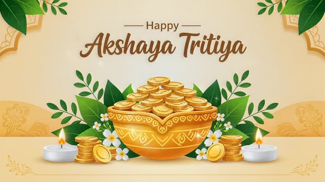 Happy Akshaya Tritiya festival with gold coins falling into pot