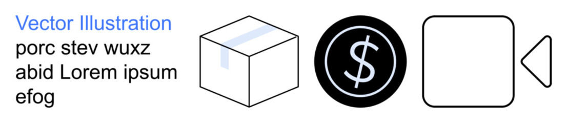 E-commerce, digital marketing, financial transactions, user interface design, media production, packaging. Box, dollar coin square and play button symbols. E-commerce and digital marketing concept