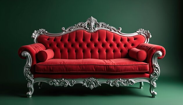 Luxurious red velvet sofa with tufted back and ornate silver frame. Deep button detailing and plush cushions provide elegant seating. Perfect for opulent interior design.