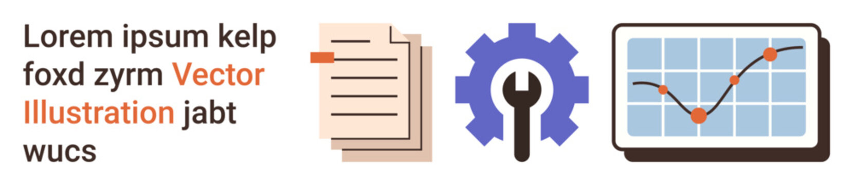 Business tools, workflow management, data analysis, productivity, planning, documents organization. Paper stack, gear and chart with rising trendline . Workflow management and data analysis concept