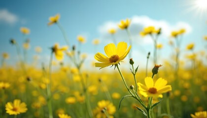 Fototapeta premium Field of yellow wildflowers under bright sun and blue sky. Close up on single flower stem with petals. Gentle breeze moves delicate flora in bloom.