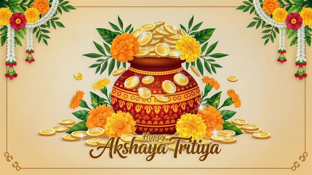 Happy Akshaya Tritiya Festival Celebration with Golden Coins and Marigolds
