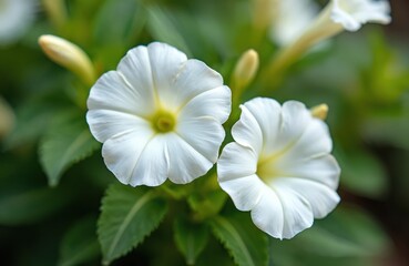 Fototapeta premium Two white petunia flowers bloom with green leaves in soft focus garden background. Delicate petals show subtle veins. One flower bud hints future growth. Close up view.