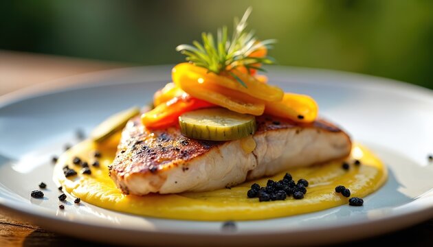 Grilled fish fillet with bright yellow pepper, pickle slices, and puree base. Garnished with black caviar and herbs. Served on a white plate, elegant food presentation.