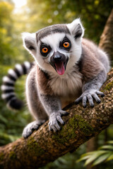 Fototapeta premium Funny ring-tailed lemur on tree branch, expressive wildlife close-up portrait