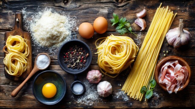 Fresh Ingredients for Authentic Italian Pasta Dish Preparation on Rustic Wooden Table with Herbs, Cheese, Eggs, and Seasonings