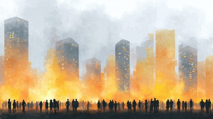 Fototapeta premium Watercolor cinematic wide city crowd horizon line glowing amber windows soft gradient sky artistic reflections modern leadership theme.