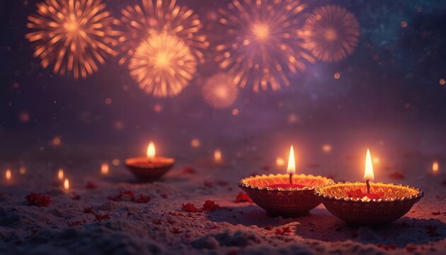 Diwali celebration with fireworks in dark sky. Glowing diyas float on ground, lit oil lamps create soft light. Festive, spiritual mood at night.