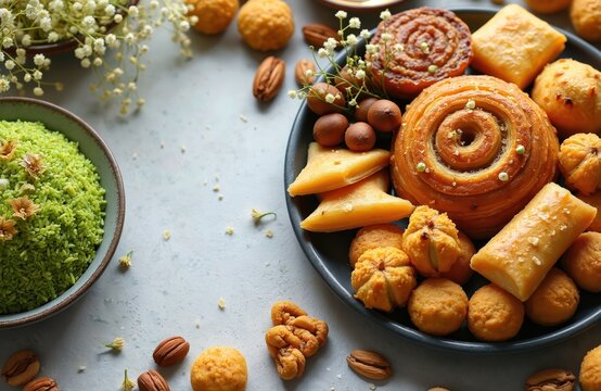 Azerbaijan holiday sweets assortment on plate. Green semeni dish with flowers. Nuts and pastries for Novruz celebration. Festive food table setup for spring equinox feast.