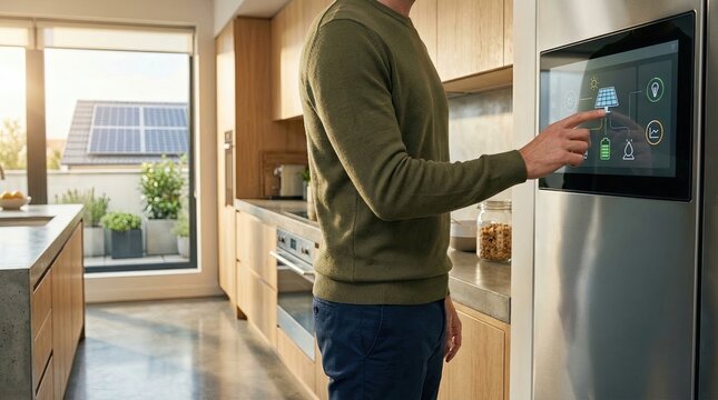 Man using smart home control panel on refrigerator for solar energy monitoring, integrated home automation system for energy efficiency, modern sustainable living interior, hitech