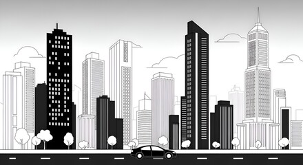Obraz premium Modern Cityscape Silhouette with Car on Road