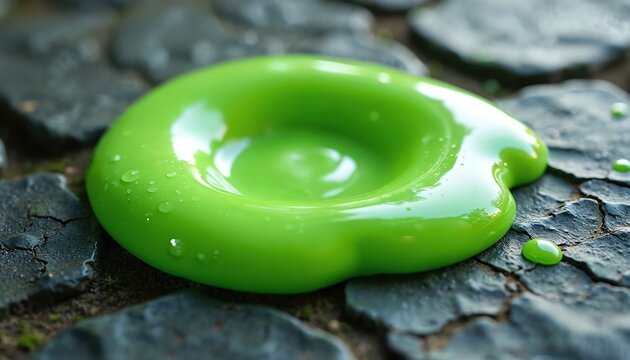 Bright green goo puddle sits on rough grey stones. Wet fluid with shiny drops spreads slowly, creating abstract texture. Gooey material covers cracked ground, looks sticky and viscous.