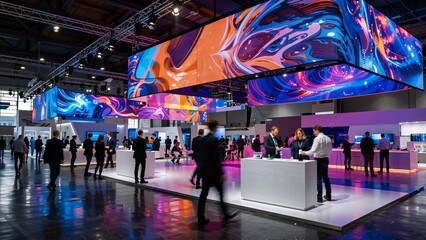 Futuristic trade show exhibition with LED screens digital art display modern technology business event space