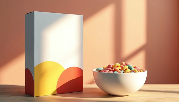 White cereal box stands next to bowl of colorful loop cereal. Sunlight creates shadows on peach wall. Morning breakfast scene, kitchen table.