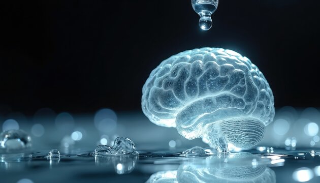 Glass brain receives water drop from pipette. Clear liquid falls on detailed cerebral cortex. Wet organ sits on water surface with bubbles. Medical science, intelligence concept.